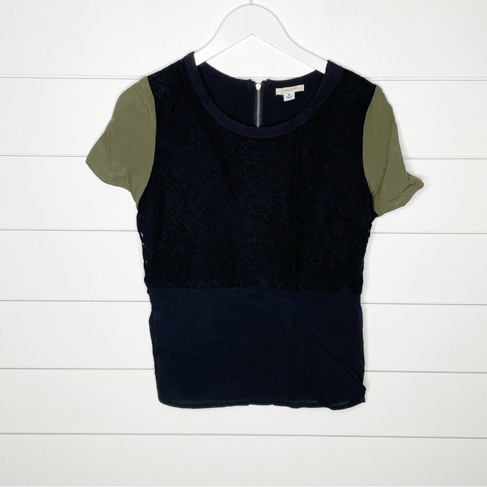 41 Hawthorn Colorblock Lace Zipper Back Blouse Black Green Size Medium